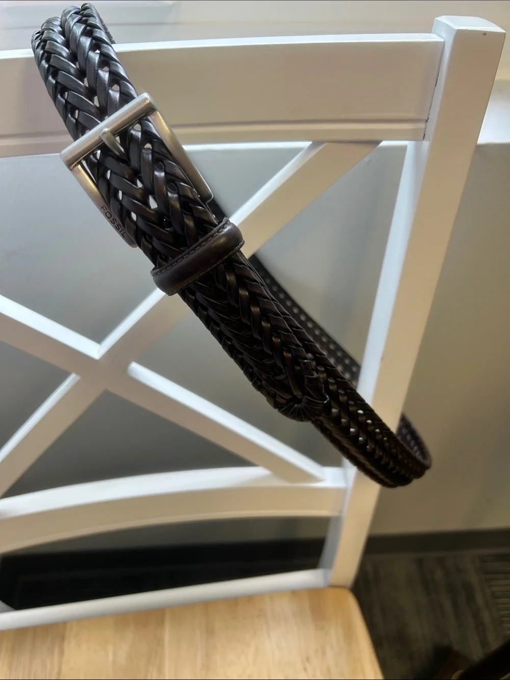 Like New Fossil Myles Brown Braided Leather Belt with Silver Buckle 85/34